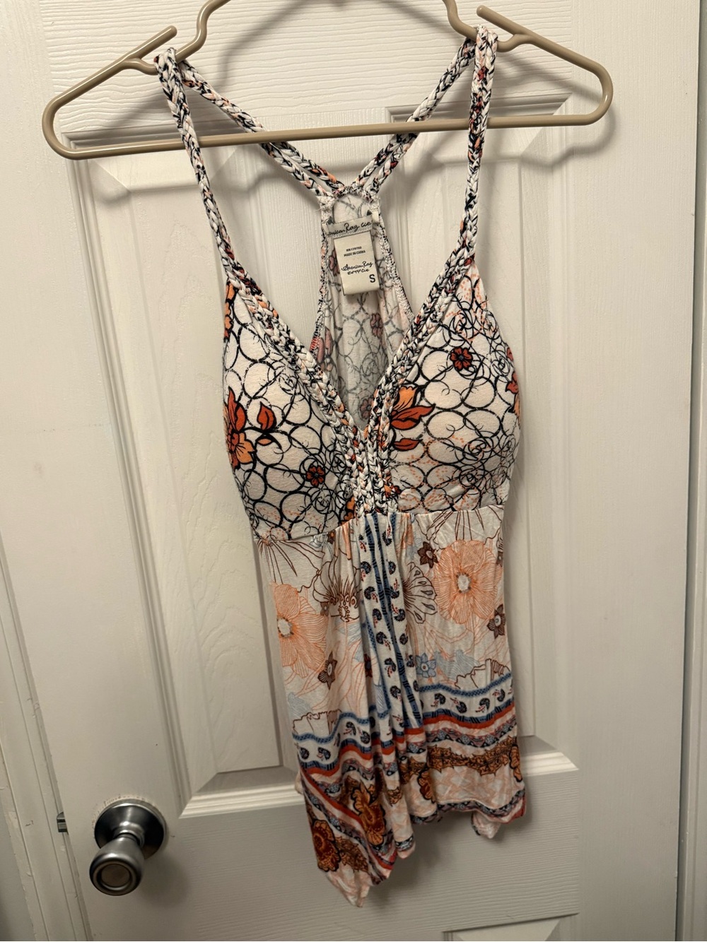 American Rag Floral Print Braided-Strap Camisole in White, Orange, Blue
